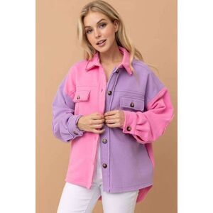 Shop Neighbor by In The Beginning Pink and Purple Barbiecore Patchwork Shacket J